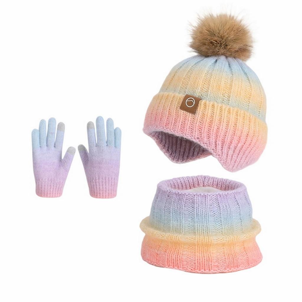 Three-piece Set Of Children's Hat, Gloves And Scarf - For Boys And Girls, Winter Fleece-lined Warm Earmuff Gradient Color Wool Knitted Hat