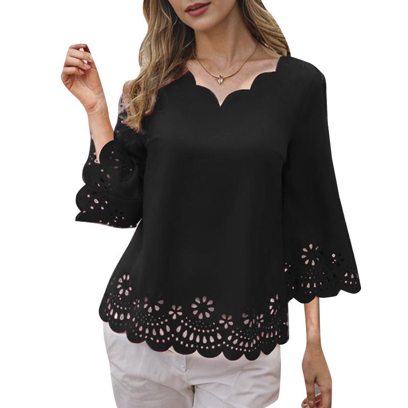 

ZANZEA Женская повседневная блузка с V-образным вырезом и рукавом 3/4, свободная ажурная вязка крючком 2XL чёрный