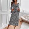 Abiti casual a vita alta con scollo a V a maniche lunghe con stampa motivo floreale primavera autunno moda donna