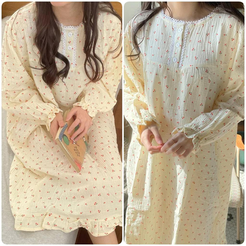 Gentle on the Room Long Winter [GDenFrog] Women's Pajamas, Nightgown, One-piece, Double-layered Gauze, Skin, Body-Shaping, Wear, Loungewear, Sleeves,