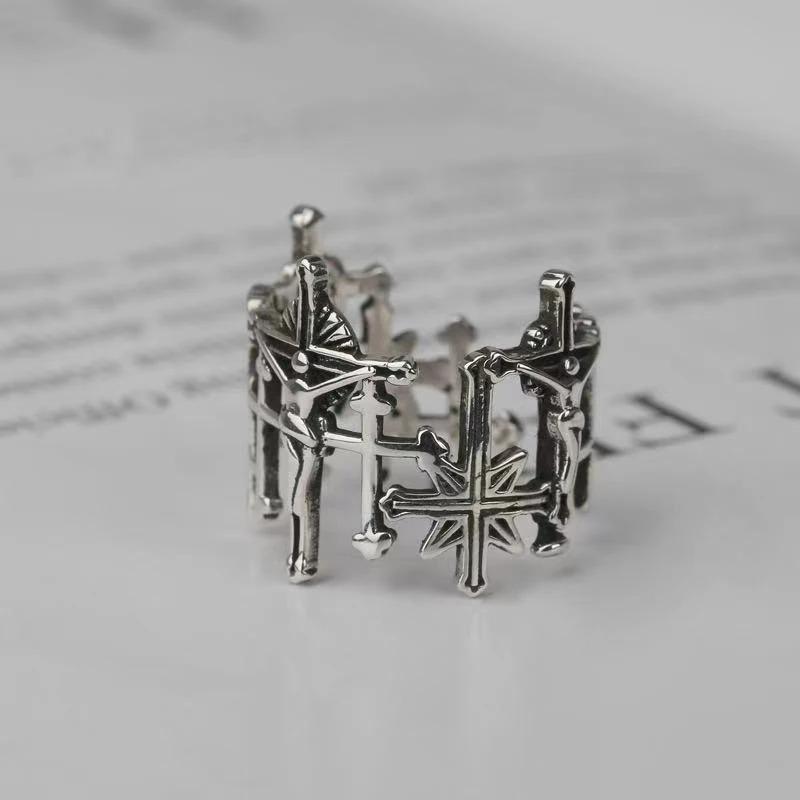 Jesus Cross Vintage Classic Adjustable Couple Commemorative Ring Opening Finger Ring for Women Men Fashion Punk Gift