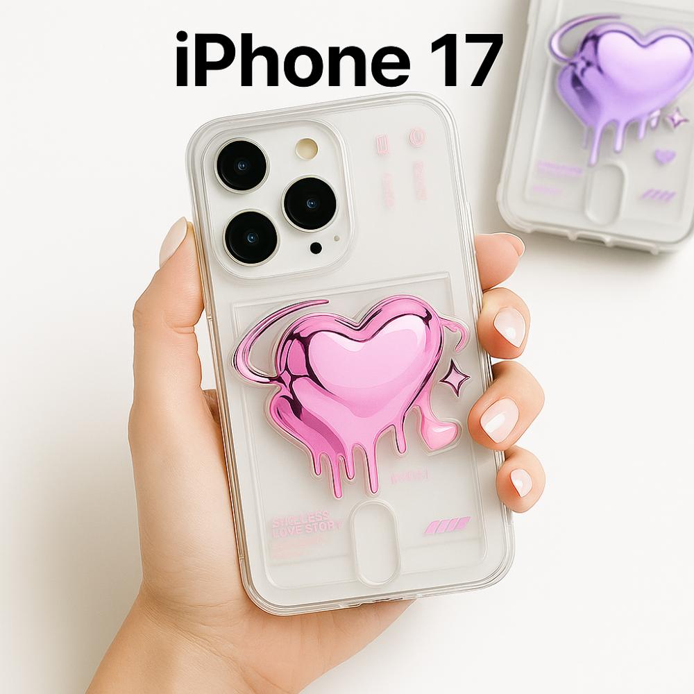 

Предельная эстетика и функциональность: Милый силиконовый прозрачный чехол-картхолдер в форме сердца с держателем для iPhone 17 (розовый)