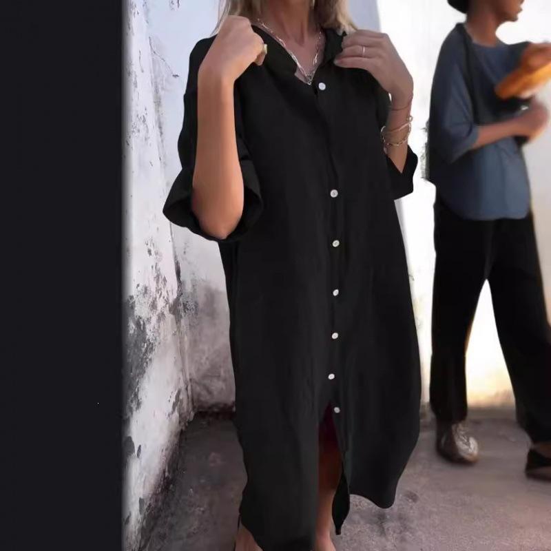 2026 new European and American spring and summer European and American style loose casual medium-sleeved cotton and linen shirt dress women