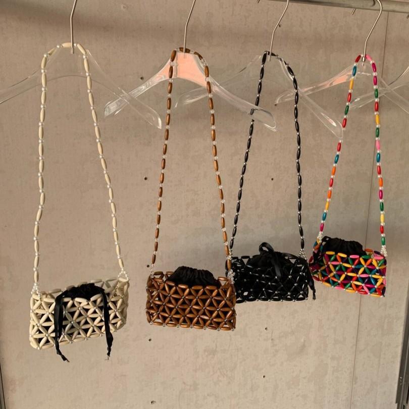 Korean Style Beaded Bag Handmade, Wooden Crochet Knitting Purse with Inner Pocket, Candy Color Shoulder Crossbody Bag