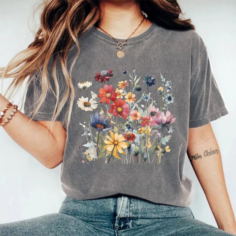 Summer Pure Cotton Washed and Aged Floral Round-neck Pullovers Short-sleeved Women's T-shirt
