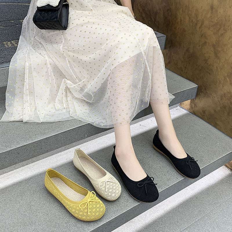 Knitted Mesh Shoes Women's 2025 Summer New Soft-soled Fairy Wind Gentle Bow Single Shoes One Pedal Maternity Shoes Women