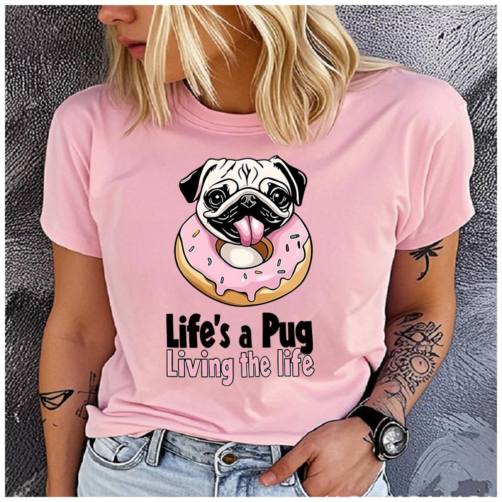 Cotton Lifes a Pug Living the Life Donut Pug Graphic Women TShirt Cute Dog Lover Casual Short Sleeve Tee