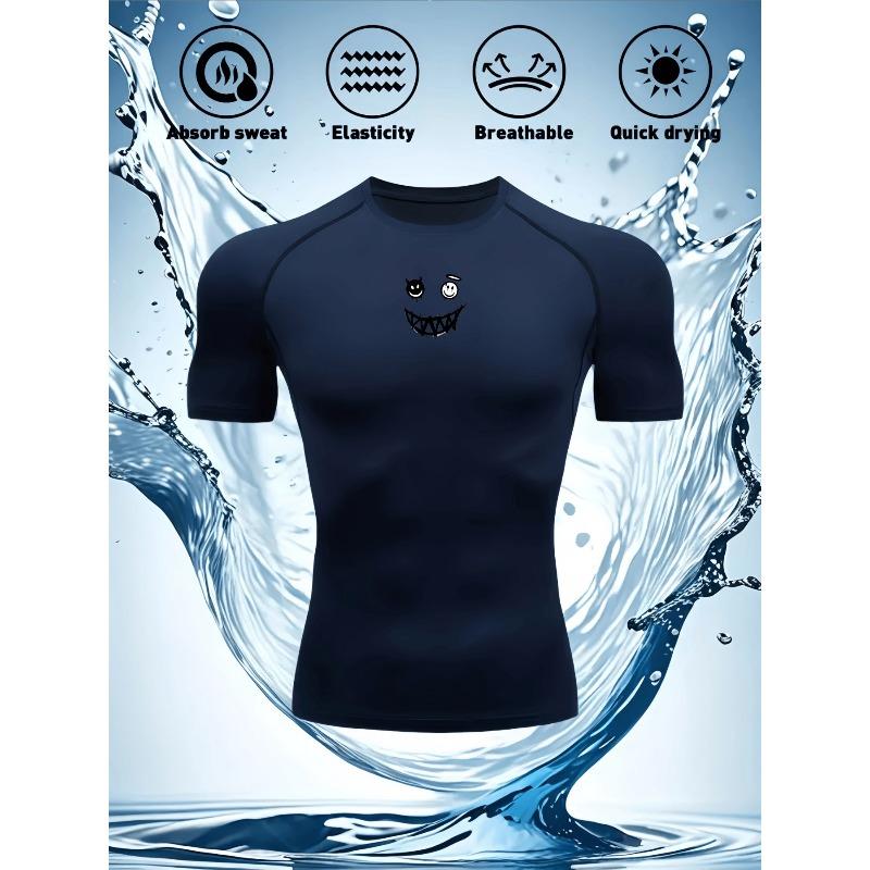 Men's Compression Shirt Quick Dry White Gym T-Shirt Black Grinning Monster Print Workout Sportswear