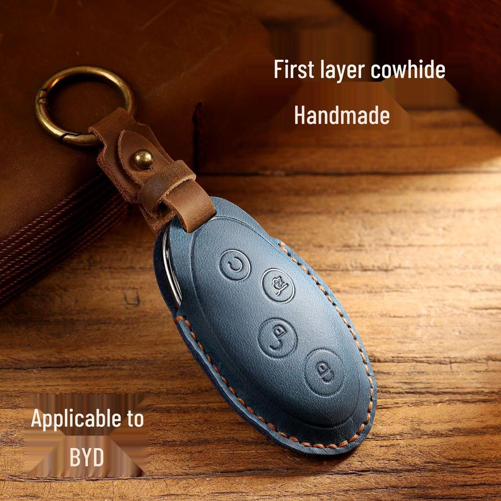 Top Grain Leather Car Key Cover for BYD Qin, Song, & Tang - Retro European/American Style