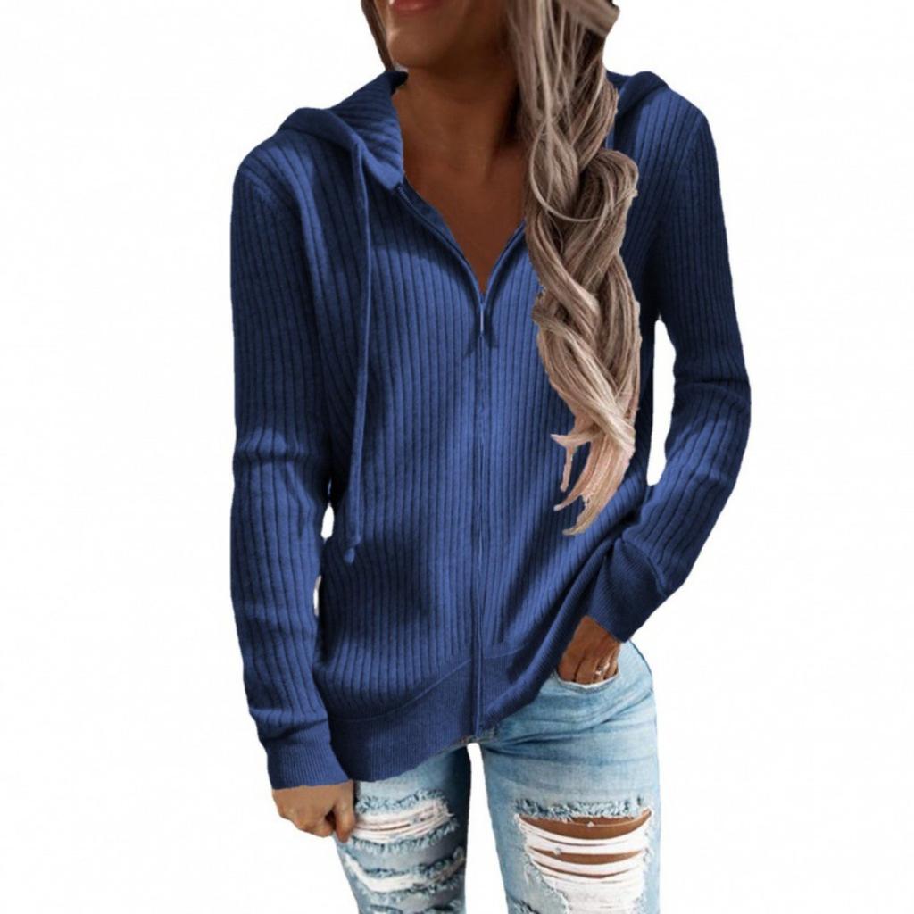 2025 Autumn Winter New Striped Casual Loose Fit Knitwear Zip Up Cardigan Long Sleeve Hooded Sweater for Women