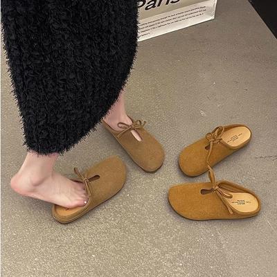 Japanese Small Fresh Mori Suede Slippers Women's 2025 Autumn New Outer Wear Lace-up Lazy Muller Flat-bottomed Bag Head Tow