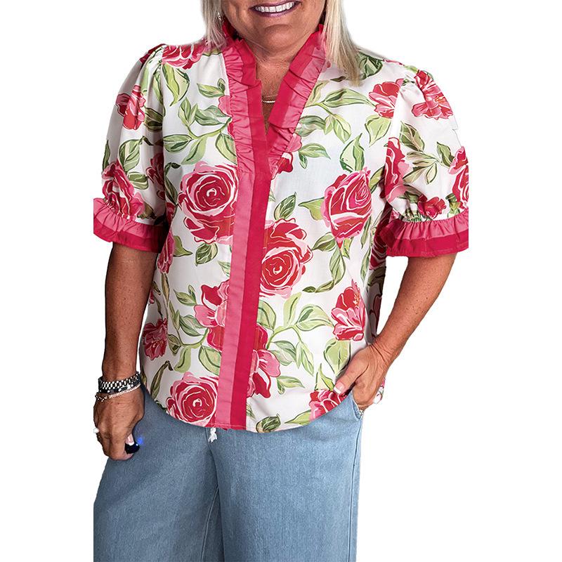 New 2025 Summer Floral Print Plus Size Women s Ruffle Short Sleeve T-shirt XXXL