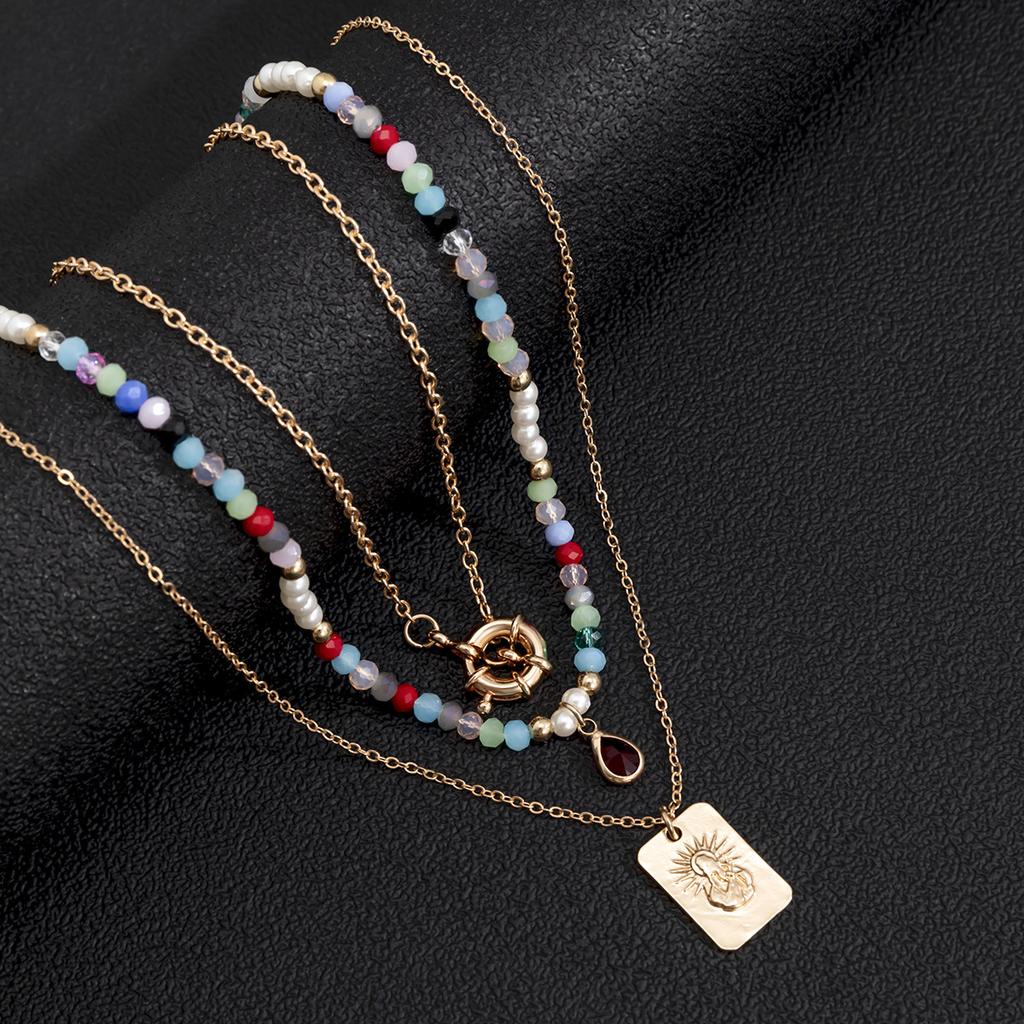 Accessories, Retro Ethnic Beaded Necklaces, Simple Imitation Crystal Portrait Relief Multi-layer Necklaces for Women
