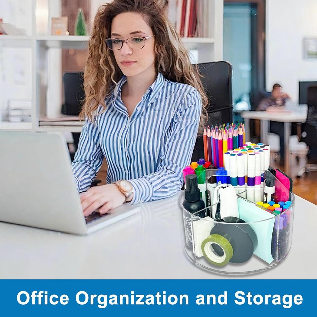Acrylic Rotating Pen Holder for Desk, 360 Degree Clear Pencil Holder Crayon Organizers for Kids, 6 Compartments Marker Organizer for Office, Art