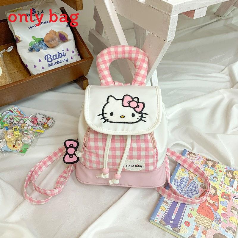 Cute Hello Kitty And Plaid Pattern Girl Canvas Backpack For Daily Use