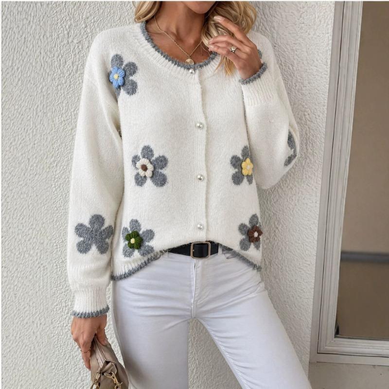 Women S Floral Knit Cardigan Sweater Long Sleeve Round Neck Casual Autumn Winter S