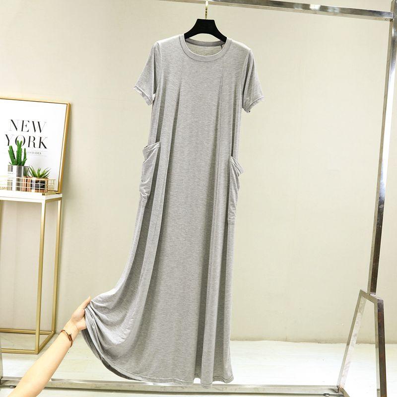 

Modal Short-Sleeved Dress Women s Summer Outwear Plus Size Loose round Neck Dress Pure Color Casual Home Nightdress Light gray 3XL (80.00 kg-90.00 kg recommended