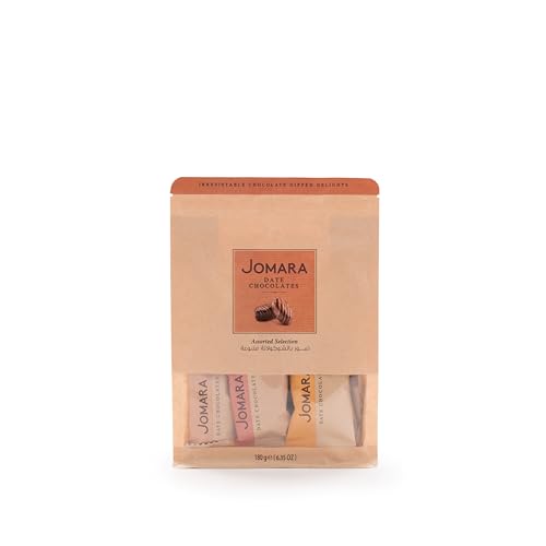 Jomara Date Chocolate, 3-Flavor Chocolate Candy with Roasted Almond, Orange Peel, and Pecan, Premium Chocolate Dates, 180g, Non-GMO, Superfood, Dried