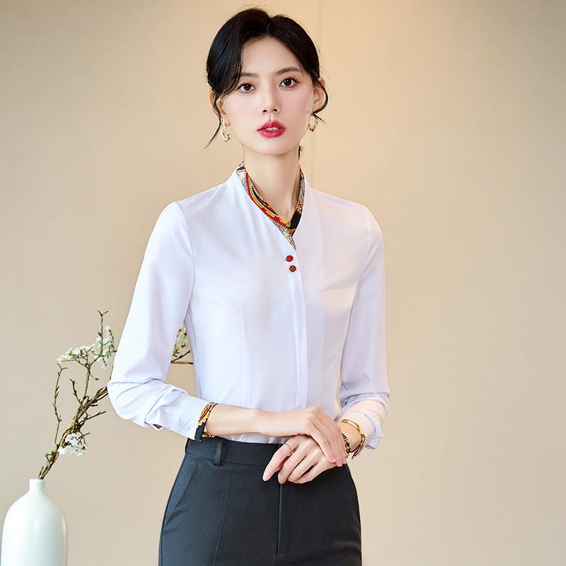 High-End Women's White Long Sleeve Shirt 2024 - Spring/Autumn Hotel Reception & Catering Uniform