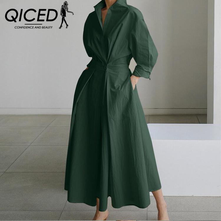 

QICED Women Casual Loose Long Dress Turn-down Collar Long Sleeve XXXXL зелений