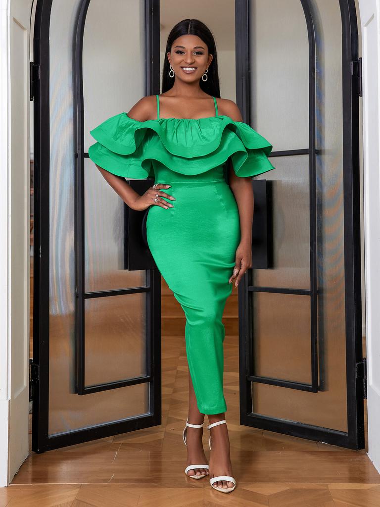 AOMEI Women Party Dress Ruffles Bodycon Sheath Spaghetti Strap Birthday Cold Shoulder Even Dresses