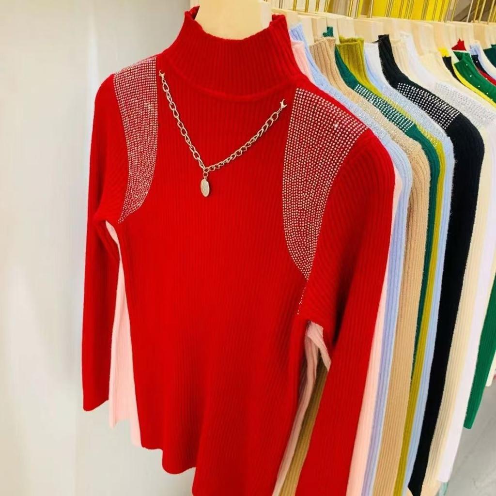 Women's Half Turtleneck Sweater Rhinestone Hollow Knit Pullover Sweater Autumn and Winter Solid Color Slim Fit Sweater Top