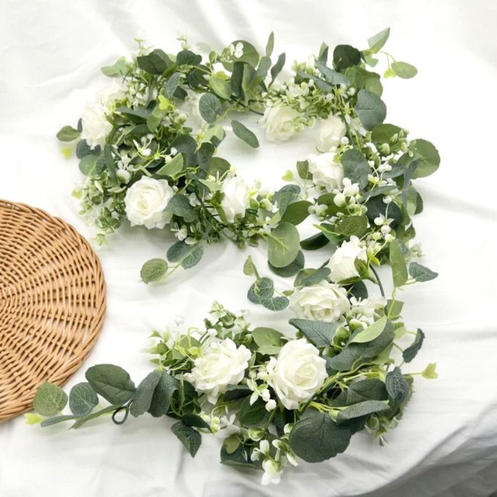 Garland Style Simulated Eucalyptus Rattan 6 White Roses Eucalyptus Garland Garden Decoration