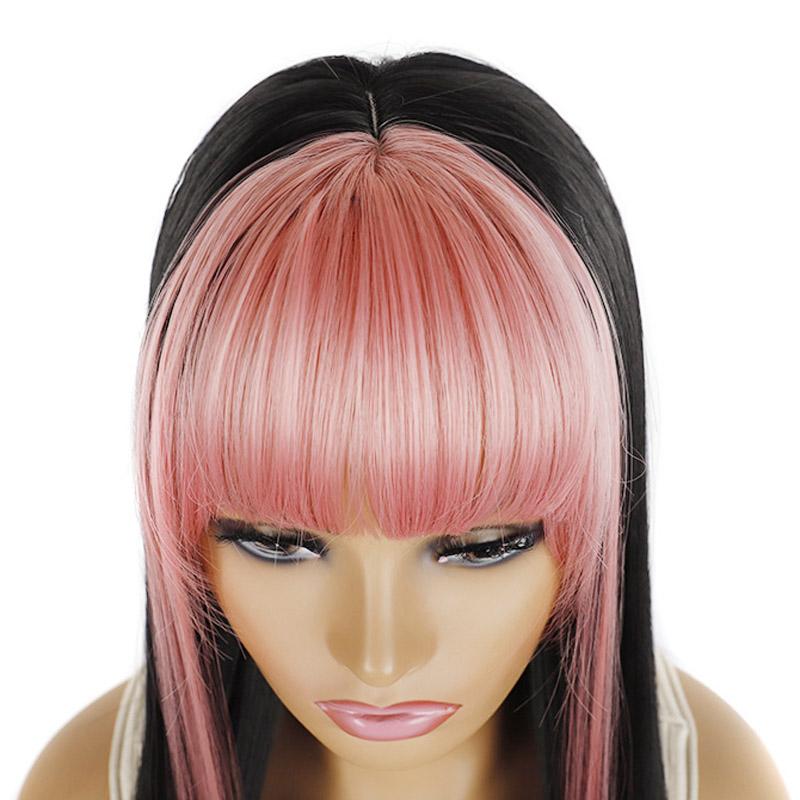 Long Hair Wig Whit Bangs Straight Hair Black Pink Blue Balayage Highlighted Color Modern Young Girl's Wigs
