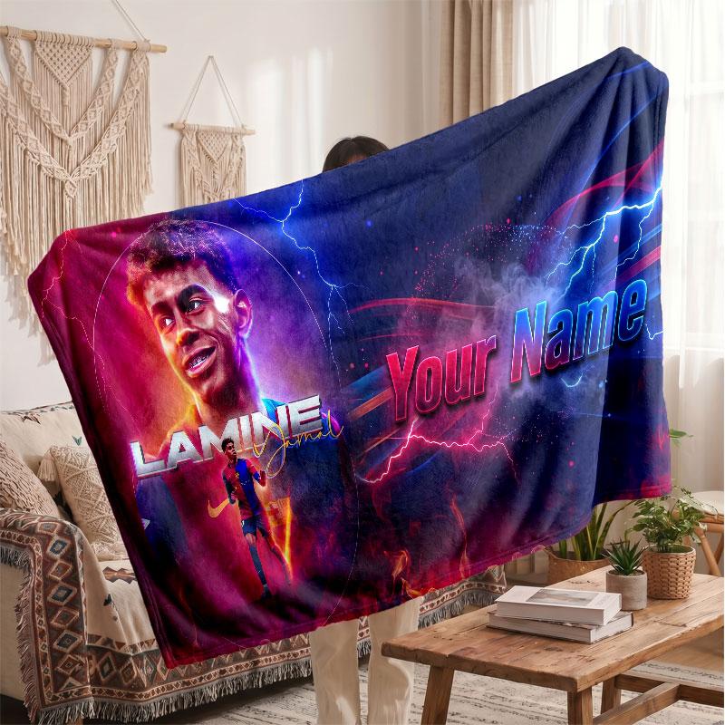 Lamine Yamal Personalized Fleece Blanket With Football Logo, Custom Name Text Soft Warm Home Throw Blanket
