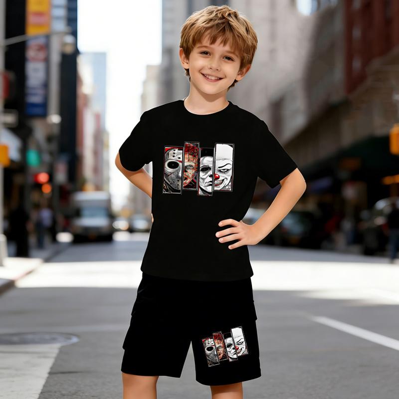 Boys 2 Piece Cute Cartoon Print Outfit, Short Sleeve T-Shirt and Shorts Set for Kids Age 5-14, Black and White Sporty Casual Summer Clothes