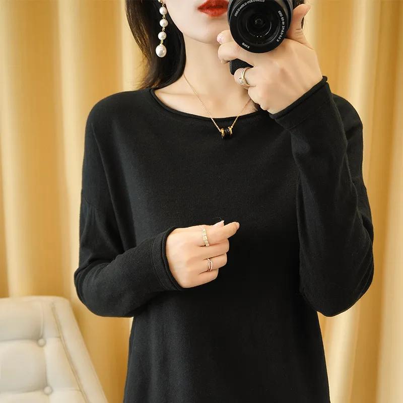 Women's Knit Base Layer Thin Long-Sleeve T-Shirt Loose-Fit Korean-Style Pullover Top