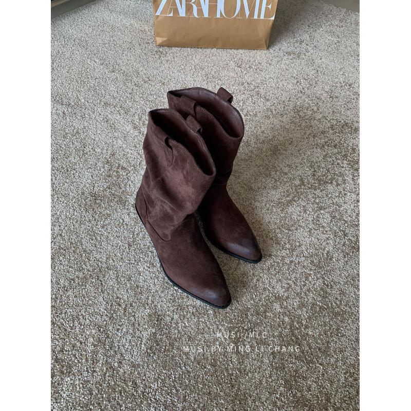 2025 autumn and winter Korean pleated boots pointed thick heel western cowboy boots women's new Martin boots short boots