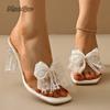 Fashion Lace Pearl Bowknot High Heel Slippers for Women Summer Square Toe Transparent Heeled Pvc Sandals Woman Fashion Party Dress Shoes
