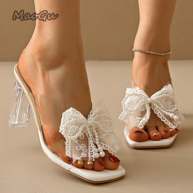 Fashion Lace Pearl Bowknot High Heel Slippers for Women Summer Square Toe Transparent Heeled Pvc Sandals Woman Fashion Party Dress Shoes
