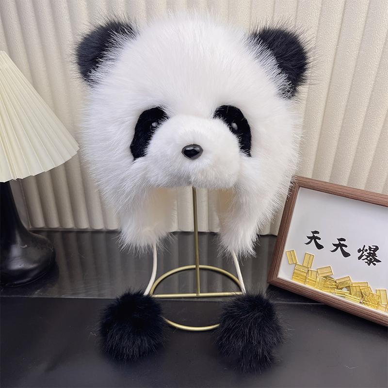 Faux Mink Fur Cap Plush Panda Hat Winter Women'S Ear Protection Hat Fashion Bomber Hat Outdoor Thicken Furry Wind Snow Caps