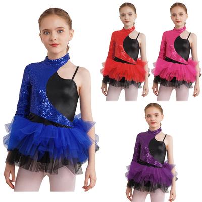 Kinder Mädchen Glänzende Pailletten Jazz Latin Dance Kleid Asymmetrische Ärmel Tüll Party Kleid Ballett Tanz Trikot Kleid