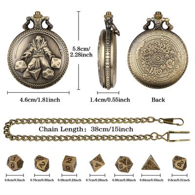 Bronze Dice Long Beard Master Magic Men Vintage Pocket Watch Case with 7pcs Antique Collection Dice and 38cm Waist Hook Chain