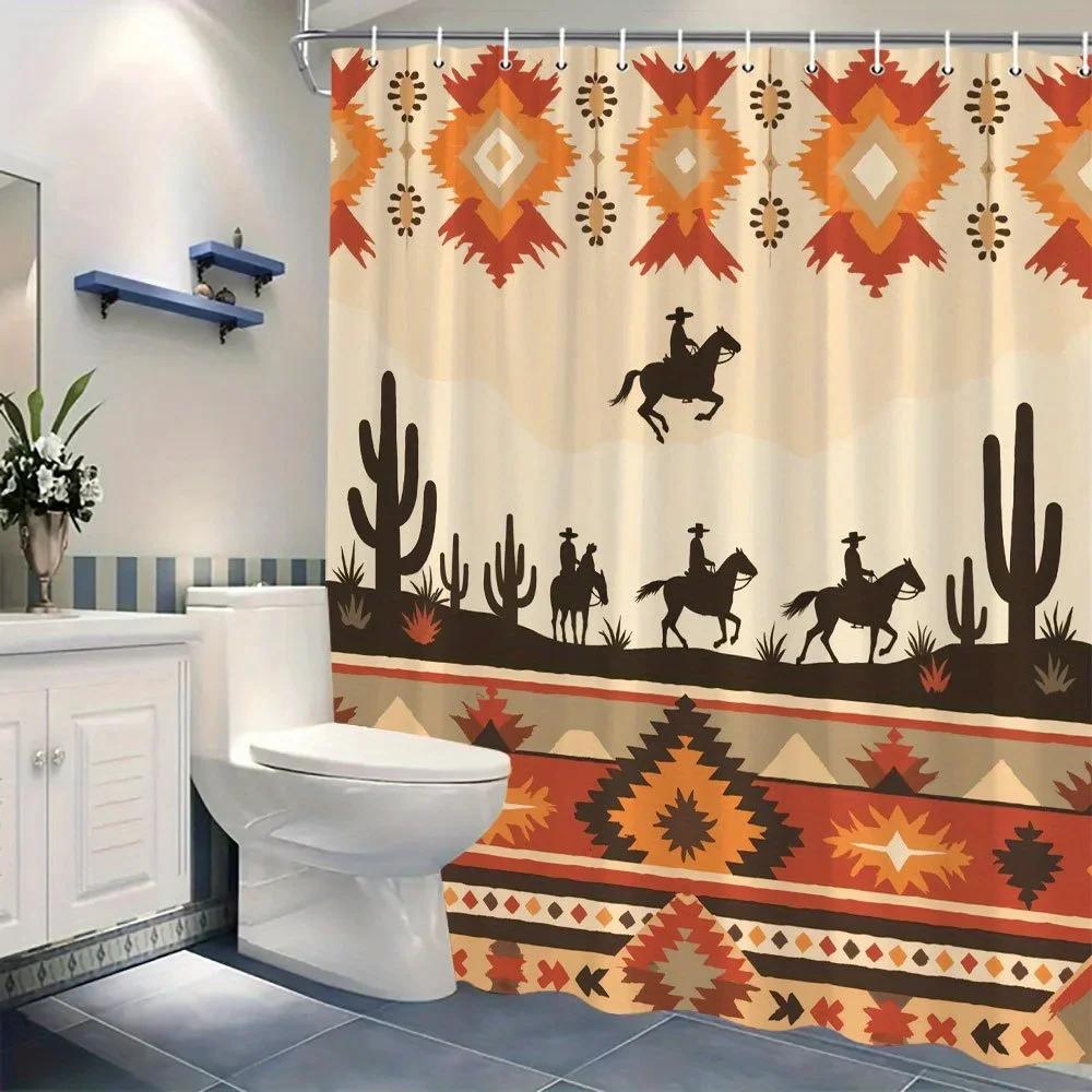Western Cowboy Silhouette Shower Curtain - Desert Sky & Cacti, Polyester Bath Decor, Machine Washable, Includes 12 Hooks