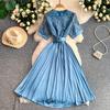 French gentle wind atmospheric elegant lace hollow round neck dress women's summer waist thin pleated dress