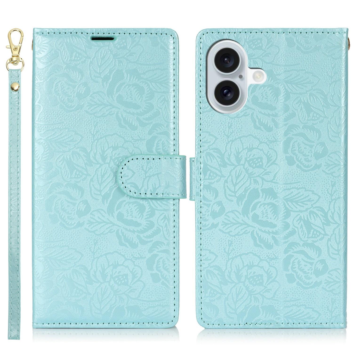 

Для iPhone 16 Чохол з ремінцем для руки Шкіряний гаманець з квітковим тисненням Чохол для телефону - Зелений