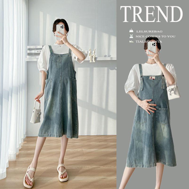 2026 Retro Blue Korean Casual Maternity Denim Reversible Overalls Dress 2XL
