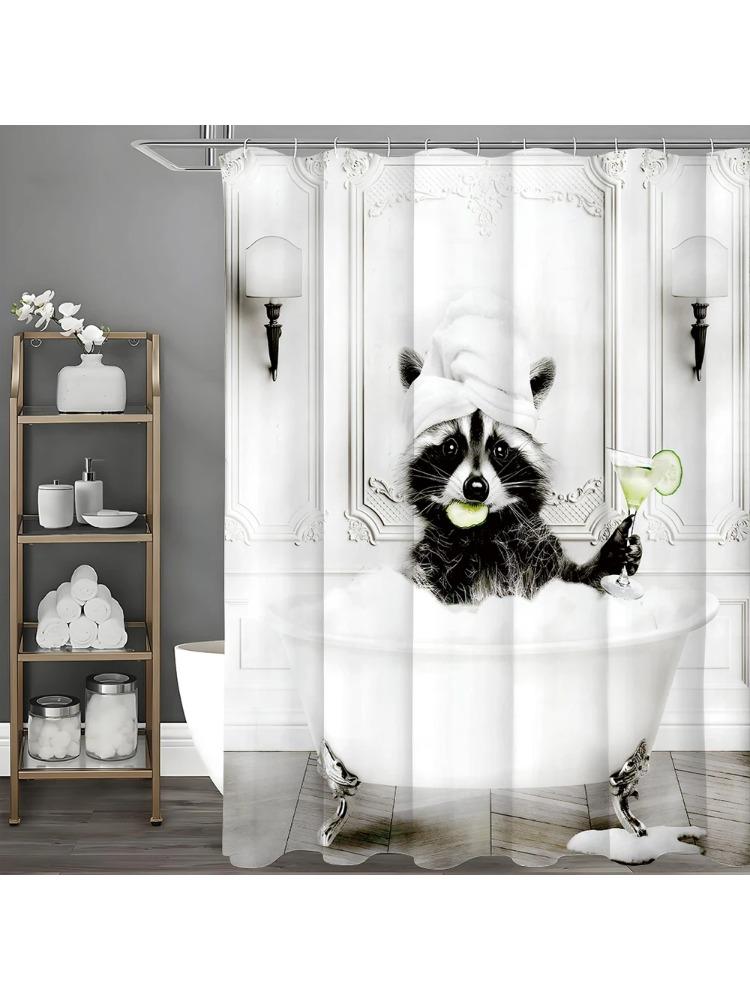 

Black And White Raccoon Bath Tub Fun Shower Curtain, Bathroom Decorative Shower Curtain, Waterproof Shower Curtain With Hooks W60H190(CM)-1 Pcs