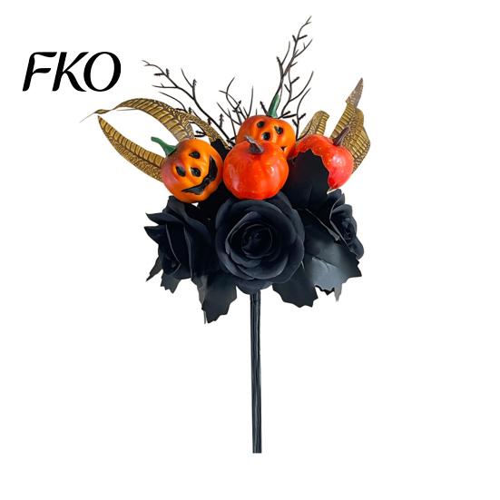 Spooky Flower Arrangement Halloween Flowers Bouquet Decorations, Black Artificial with Pumpkin Rose Eucalyptus Maple Leaf Dried Leaves Stems