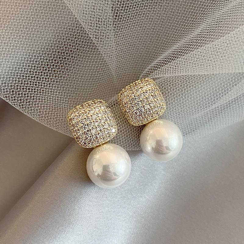 Luxury Shiny Micro Set Zircon Gold Square Metal Pearl Pendant Earrings New Jewelry Party Women's Fashion Accessories
