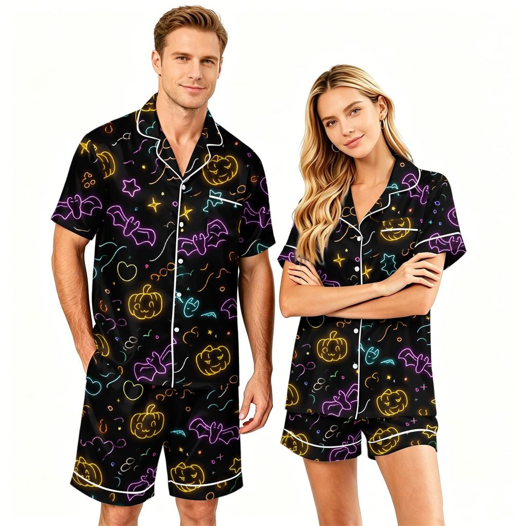 Couple Matching Halloween Pajama Set Short Sleeve Button Down Shirt and Shorts Sleepwear Soft Casual Lounge Wear S-XXXXL