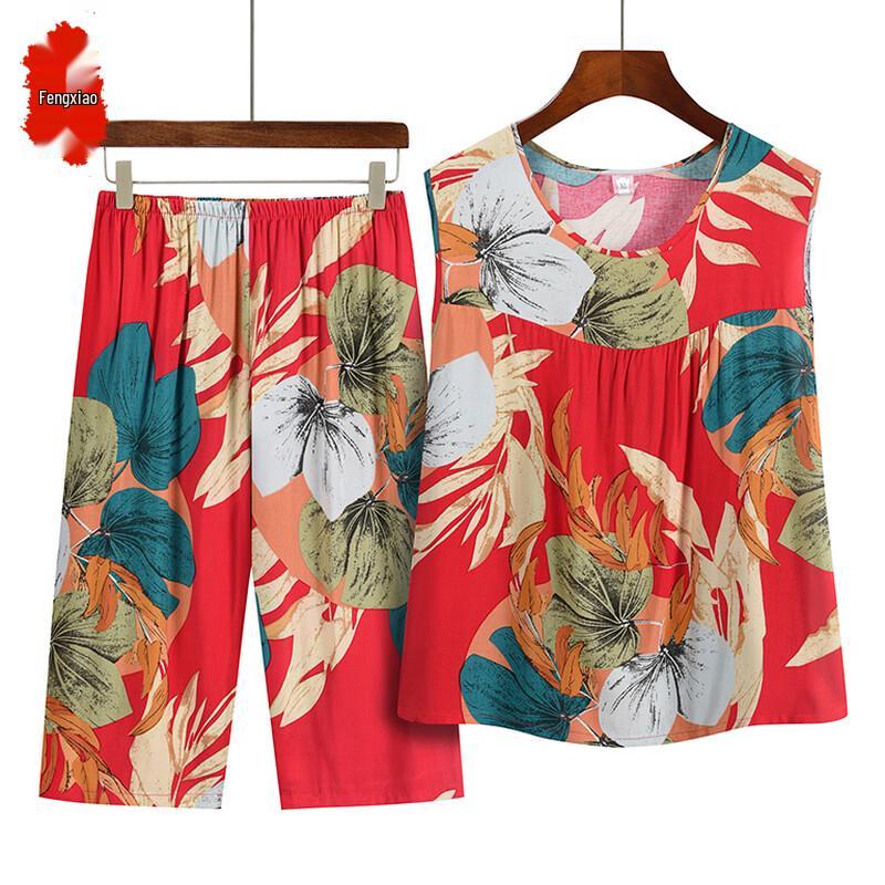 

Elderly Women s Summer Short Sleeve Cotton-Silk Two-Piece Set XL