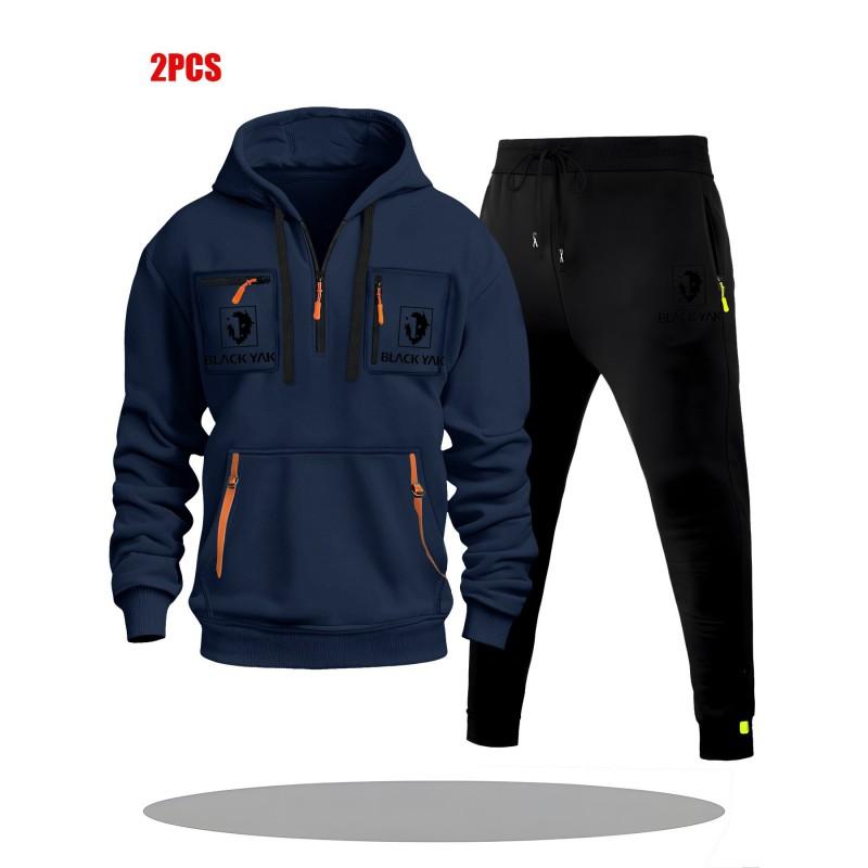 Mens Hoodie Sweatshirt Set Solid Color Multi-Zipper Pockets Casual Wear
