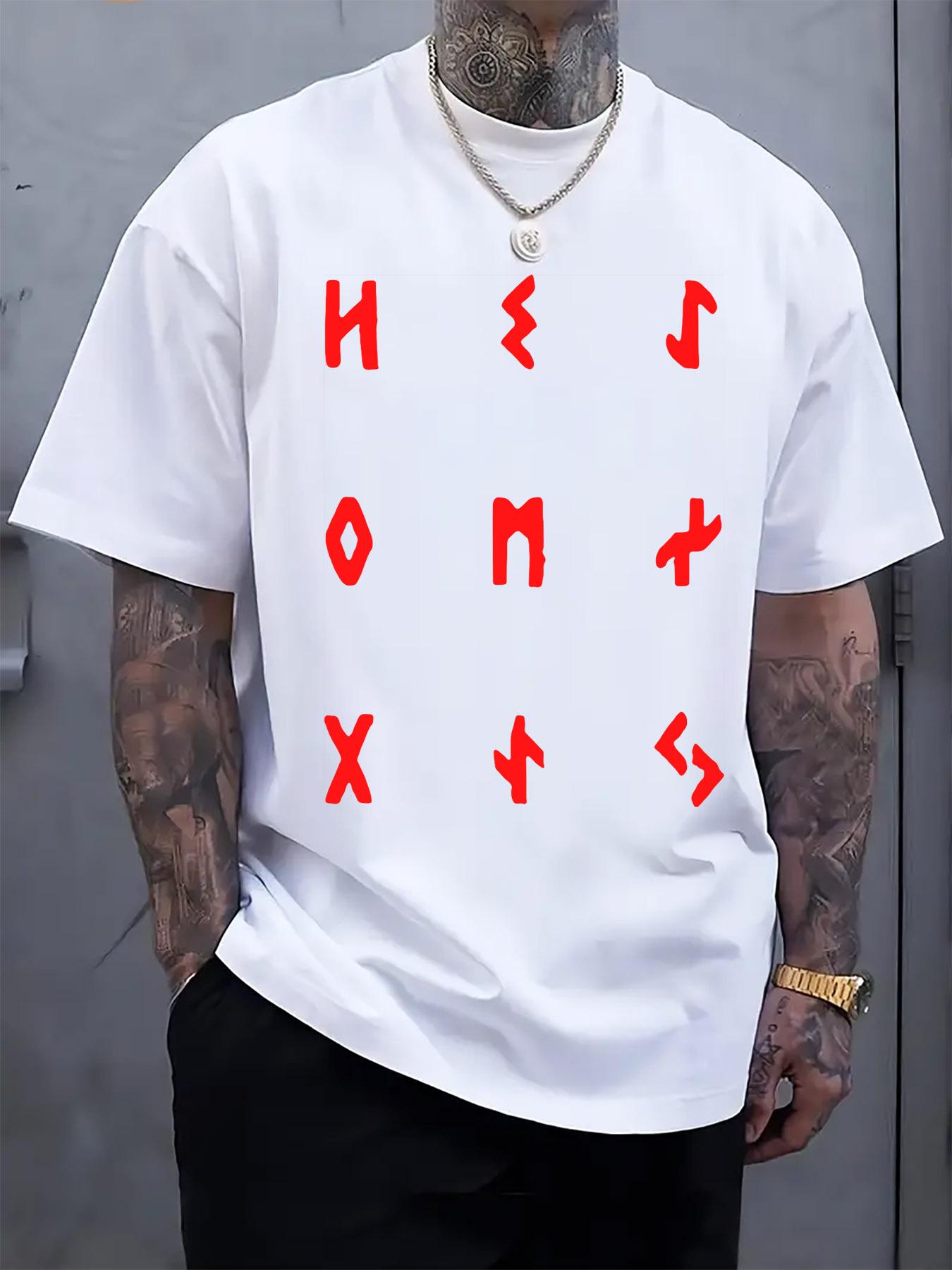Round Neck Short Sleeve T-shirt with Red Mysterious Rune Print S