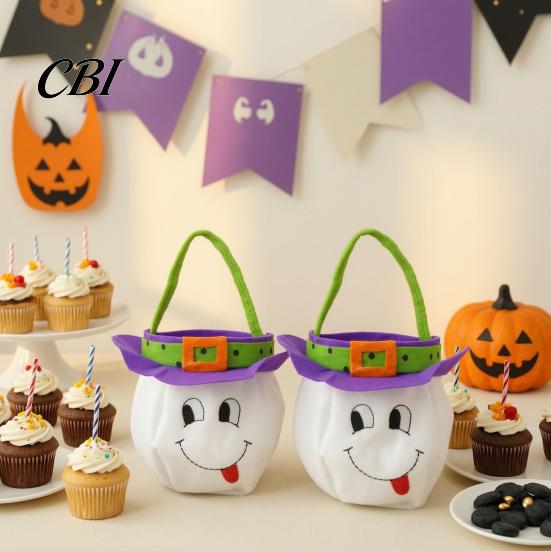 Atmospheric Photo Props Halloween Candy Bags for Kids, Trick or Treat Handbag with Handle, Spooky Cute Cartoon Pattern Witch Ghost Black Cat