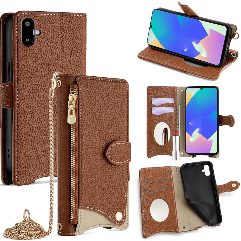 

For Samsung Galaxy F06 5G Leather Case Wallet Stand Cover Irregular Tail Style with Chain Strap Brown